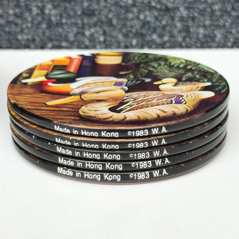 Vintage 1983 Mallard Duck Coaster Set with Tin 5pc Cork Backed Hong Kong Rustic